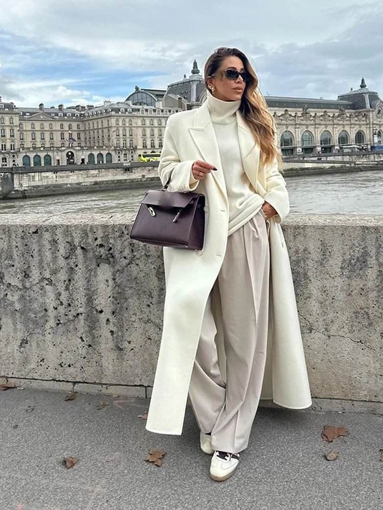 Elegant Lapel White Oversize Overcoat Women Casual Full Sleeve Long Coat Autumn Winter Lady Commuting High Street Outerwear