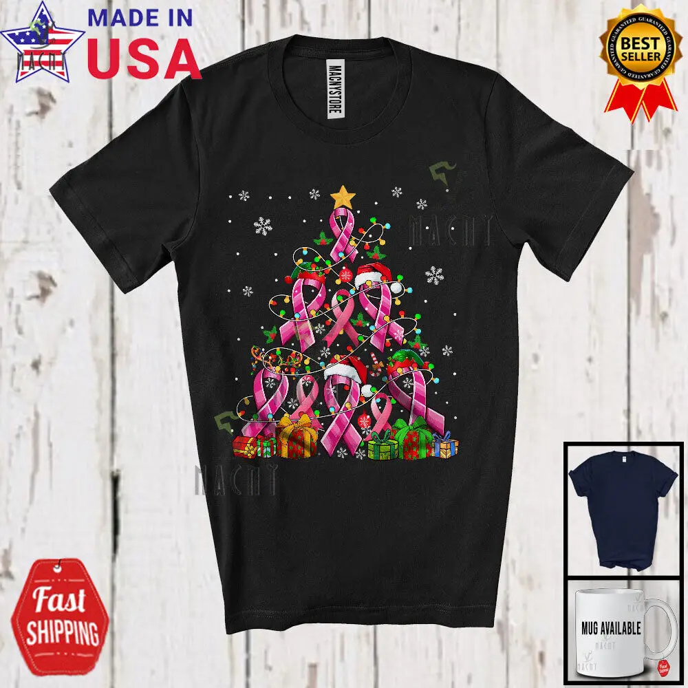 

Pink Ribbon Christmas Tree; X-mas Lights Breast Cancer Awareness; Snowing Shirt