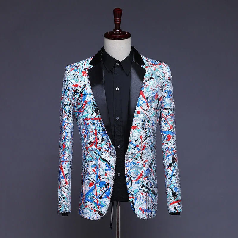 

XX365Groom's printed sequined suit for stage performance singer DJ host bar