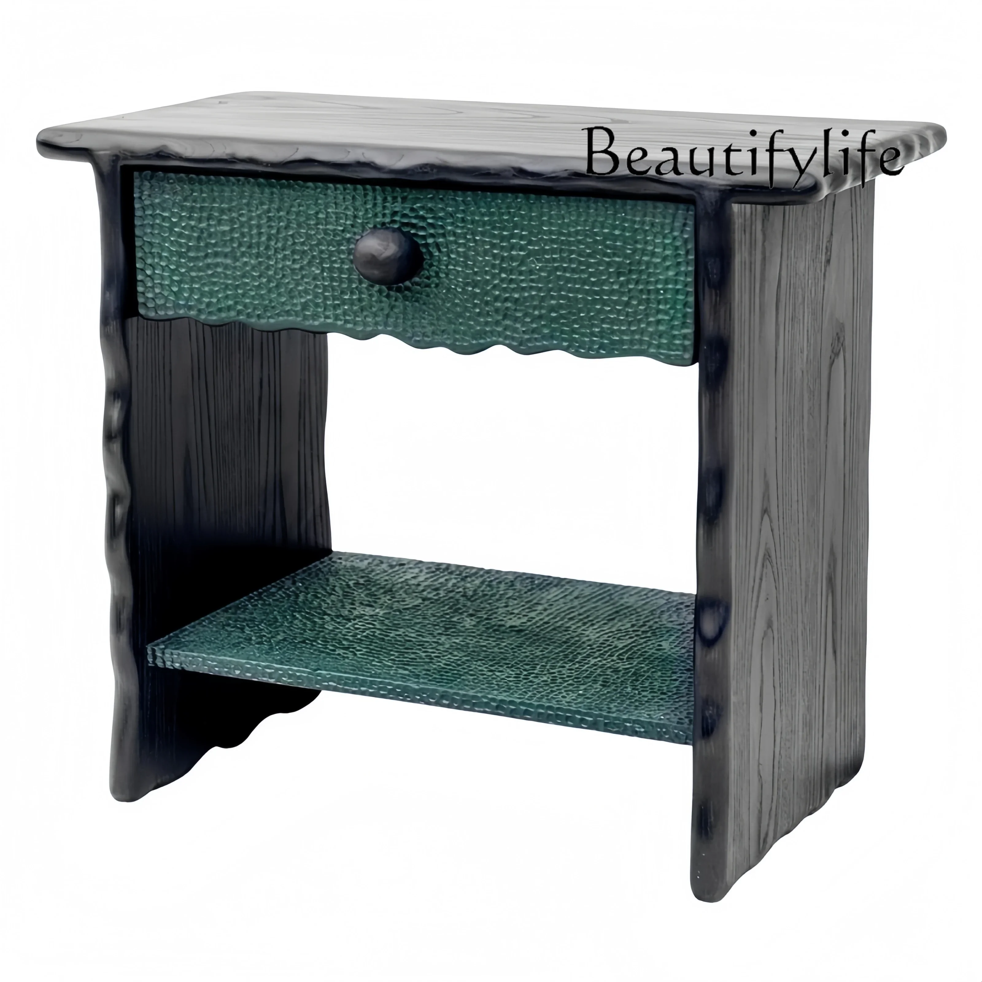 BX Solid Wood Carved Bedside Table Household Light Luxury Living Room Designer Hammer Texture Retro Wind Storage Side Cabinet