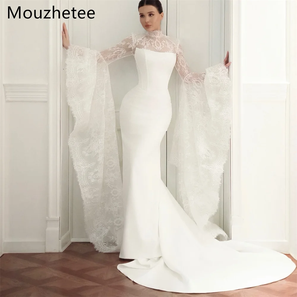 Mouzhetee Mermaid Elegant O-Neck Flare Sleeve Lace Wedding Dresses Simple Pleat Long Sleeve Brides Gown Custom Made 2026