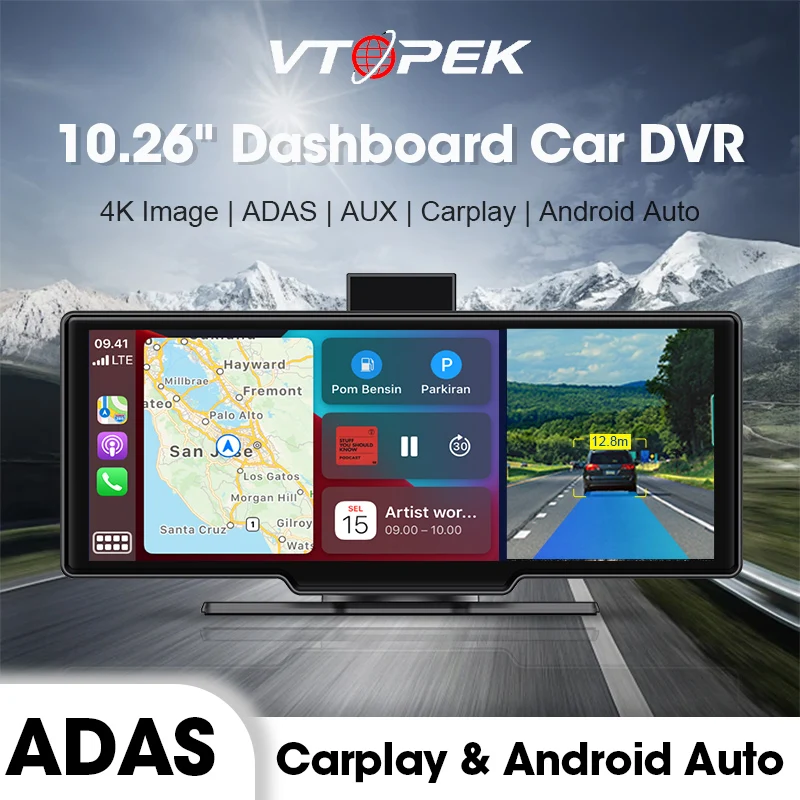 

10.26" 4K ADAS Dash Cam Wireless CarPlay Android Auto GPS Navigation Video Recorder Front and Rear Dual Camera Monitor Park AUX