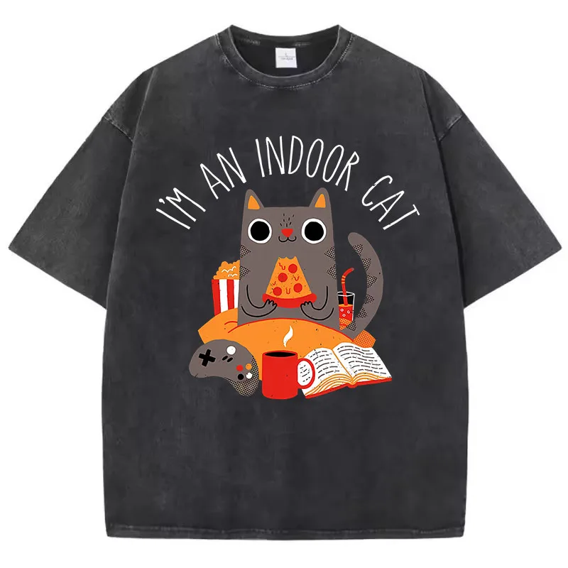 Funny I Am An Indoor Cat Book T Shirt Vintage Washed 100% Cotton T-Shirt Graphic Tee Casual Streetwear for Spring Summer Fall