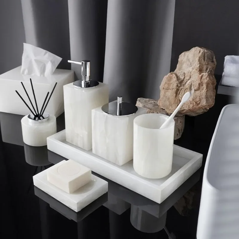 Mid‑Century Modern Natural White Marble Bathroom Set, Aromatherapy Tray Tissue Box for Vanity