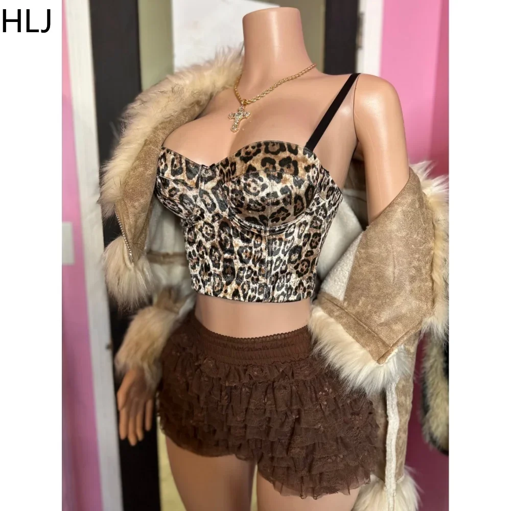 HLJ&GG Fashion Leopard Y2K Lace Ruched Skirts Shorts Two Piece Sets Women Spaghetti Strap Crop Tank Top And Mini Skirt Outfits