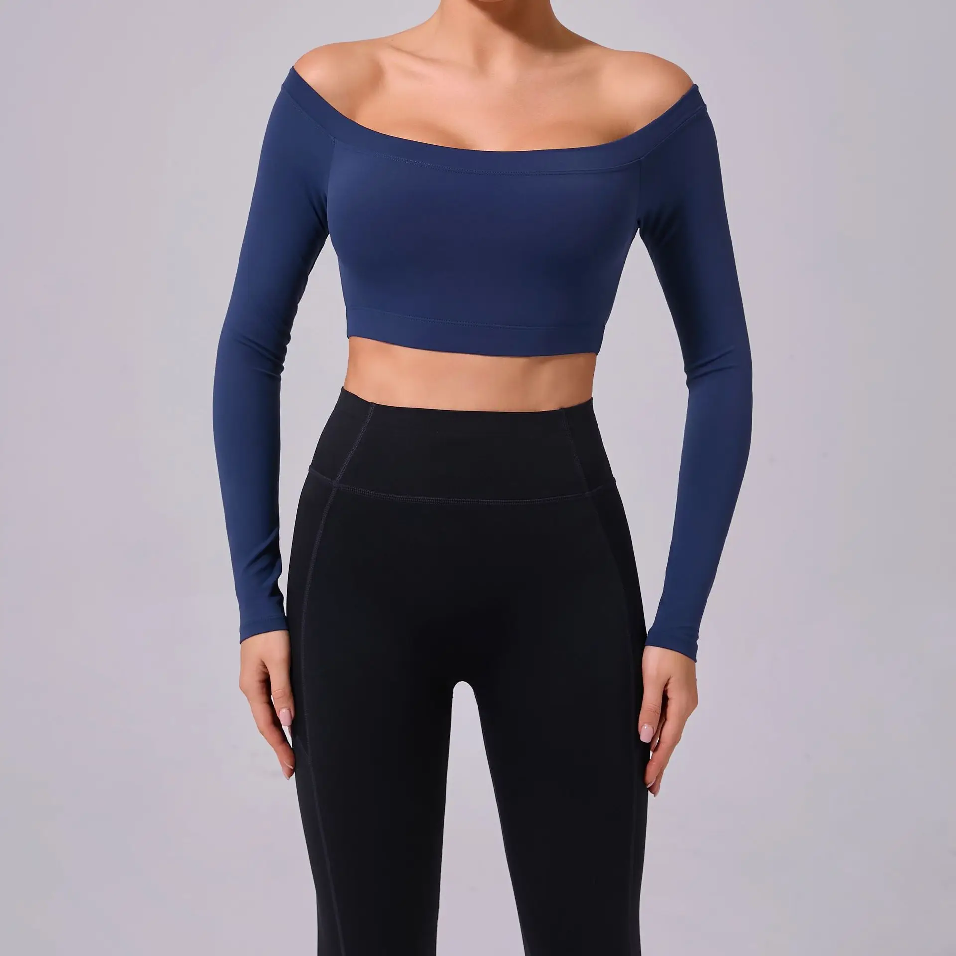 Women's Solid Sports Top Yoga T-shirts Off Shoulder Long Sleeve Gym Workout Running Shirts Sexy Women Quick Dry Gym Sport Wear