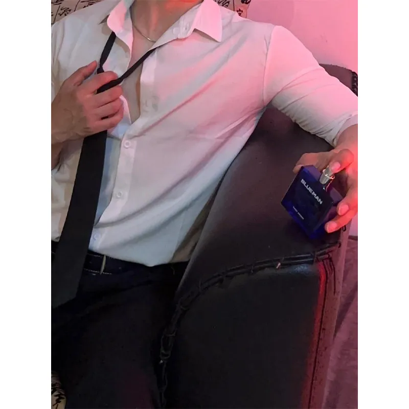 

Ele White Long Sve Men's irt Slim Fit Busin Casual Sle Polyester Fiber No Iron Treaent Square Collar Pure Color