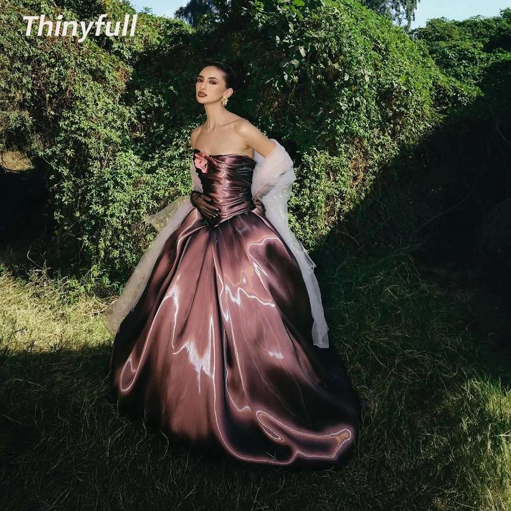 Thinyfull A-line Prom Dresses Strapless Sleeveless Glitter Satin Evening Gown Formal Occasion Dress robes de soirée Customized