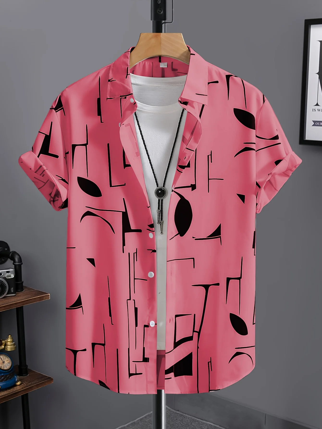 Men White Black Abstract Geometric Line Print Short Sleeve Turn-down Collar Shirt Casual Button Down Streetwear Top