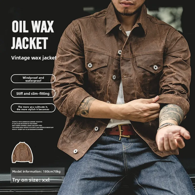 QICHE American Retro Wax Canvas Hunting Coat Men Yellow Amekaji Vintage Jacket Spring Street Top