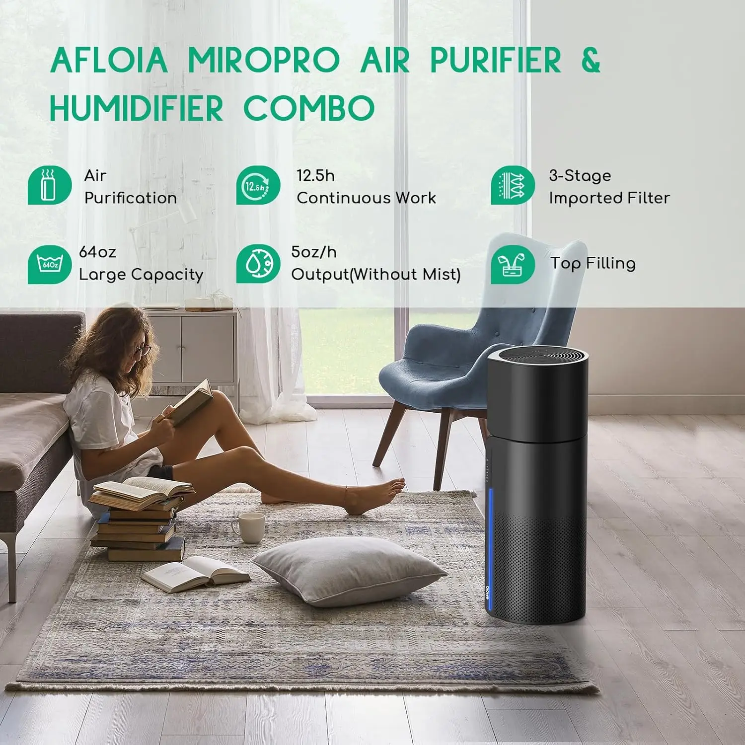 Humidifier Combo, 2 in 1 Afloia 3-Stage Filters for Bedroom Pets Hair Smoker Odors, Evaporative Humidifier, Auto Shut Off, Quiet