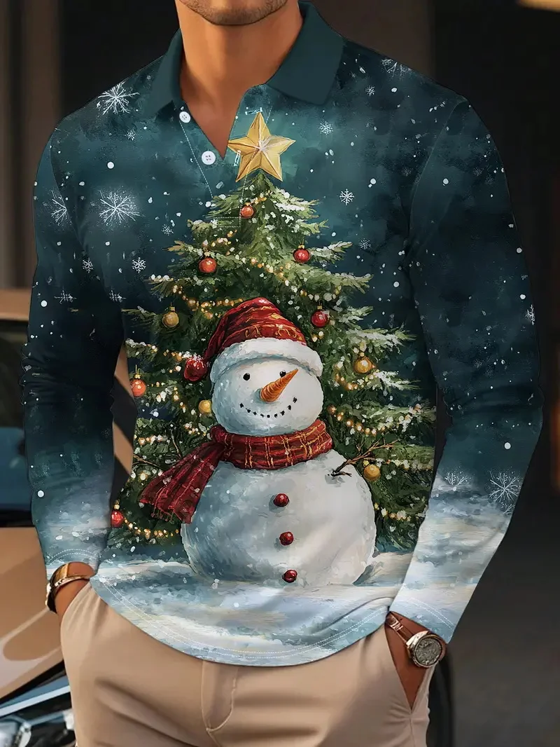 3D Print Elk Snowflake Graphic Men's Polo Shirt Autumn Winter Casual Long Sleeve Lapel Shirts Christmas Theme Creative Pullovers