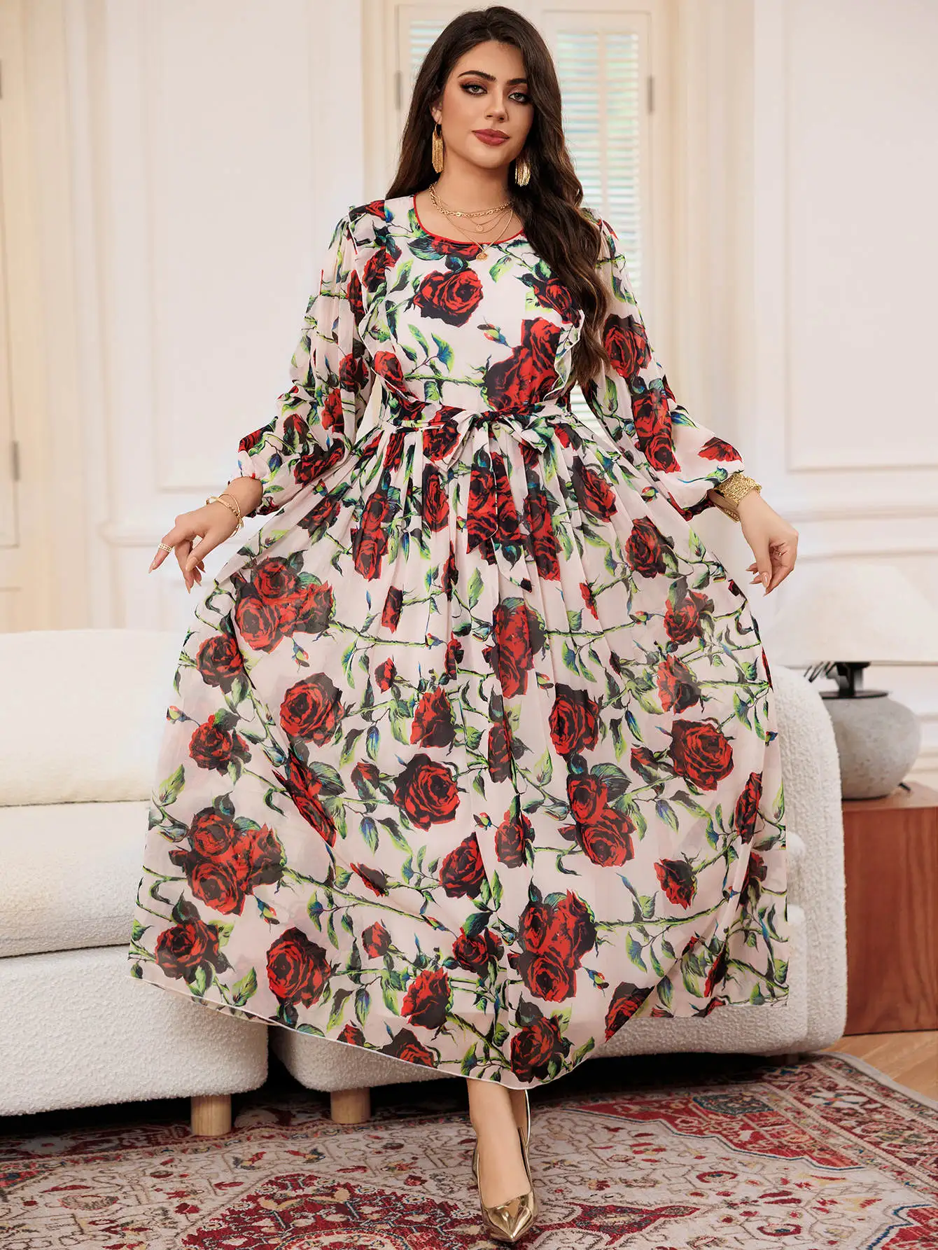 

Women's Dress Long Sleeve Floral Printed Ruffle Patchwork Middle East Arab Generous Elegant Dubai Gilded Muslims For Party