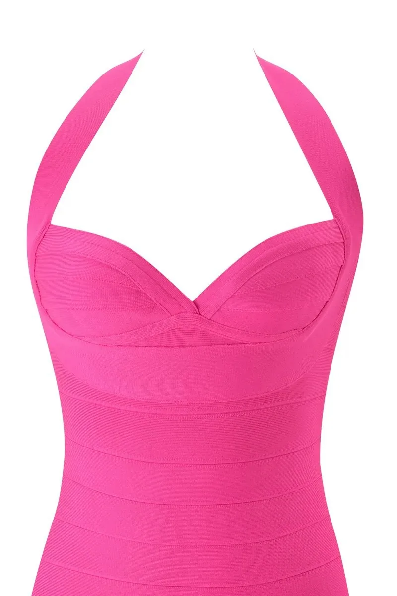 Sexy Neckholder V-Ausschnitt Mini Bandage-Kleid Bodycon Ärmelloses Club-Party-Kurzkleid – Detail 20