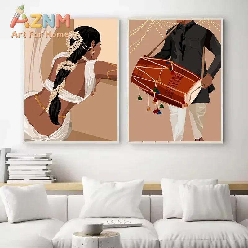 AZNM Indian Woman Saree Canvas Wall Art Bohemian Ethnic Bride Couple Illustration Print Unframed Canvas Poster for Living Room H