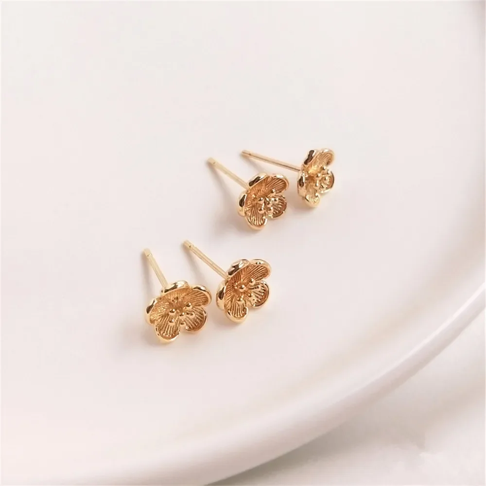 14K Gold Plated Six petal plum blossom earrings and small flower ear needles anti allergy simple hand DIY ear ornaments