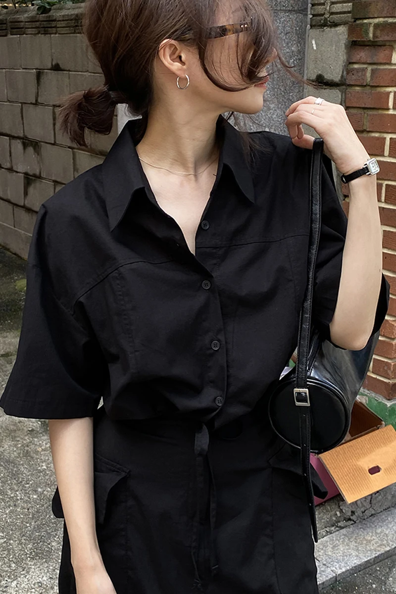 Chic Retro Collared Drawstring Short Sleeve Shirt High Waist Slimming Half Skirt Summer Fashion Set for Short Women