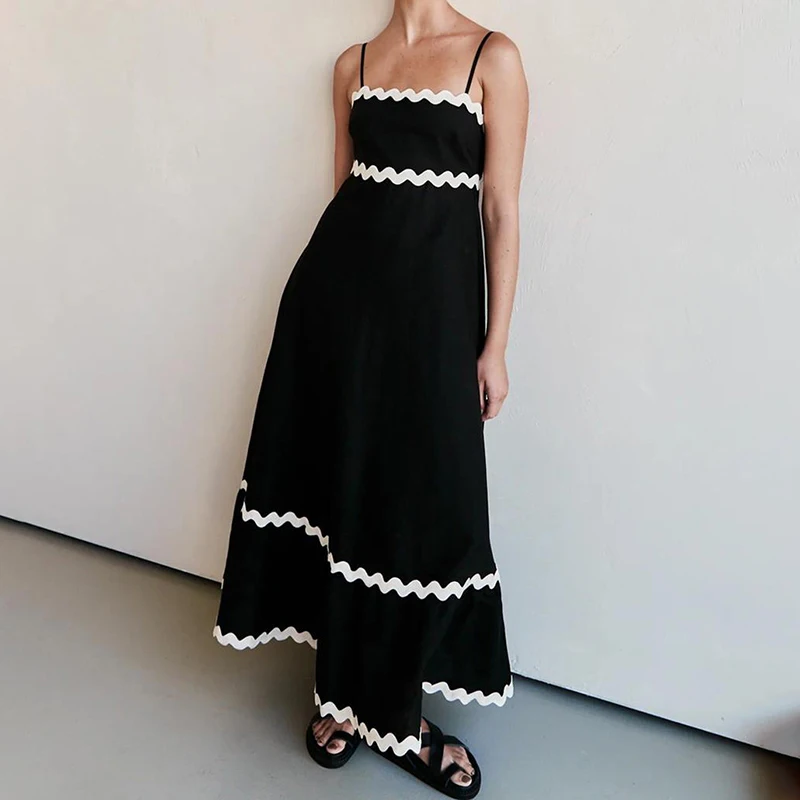 Vestido midi feminino plissado boêmio fluindo linha A, vestido de verão, alças de espaguete, solto, 2022