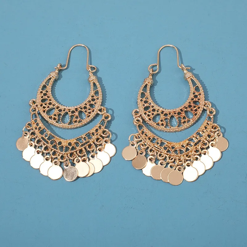 Bohemian Fashion Trendy Gold Sequin Tassel Hoop Drop Earrings Women\'s Luxury Ethnic Style Party Bridal Gift Accessories