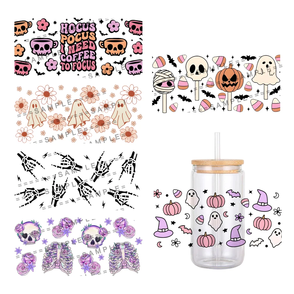 11*24cm Happy Halloween Design Cartoon UV DTF Wrap  Sticker DIY For 16oz Libbey Glass Cup Waterproof Decals Cup Sticker