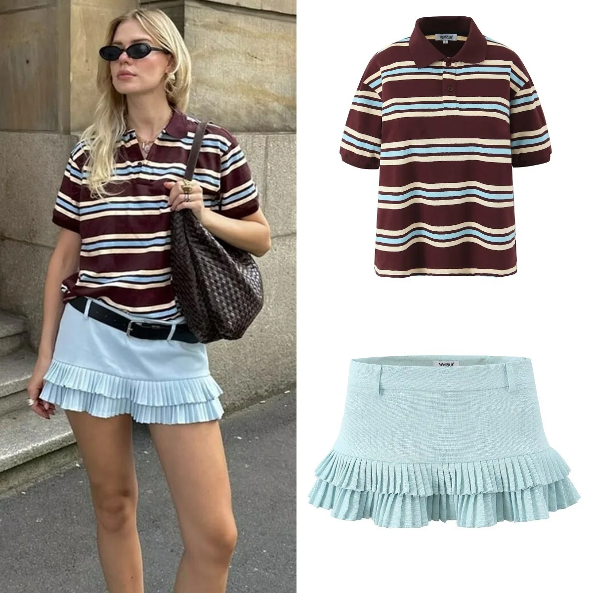 

Fashion Striped Sleeve T-Shirt Top + Low Waist Pleated Short Skirt 2025 Spring New