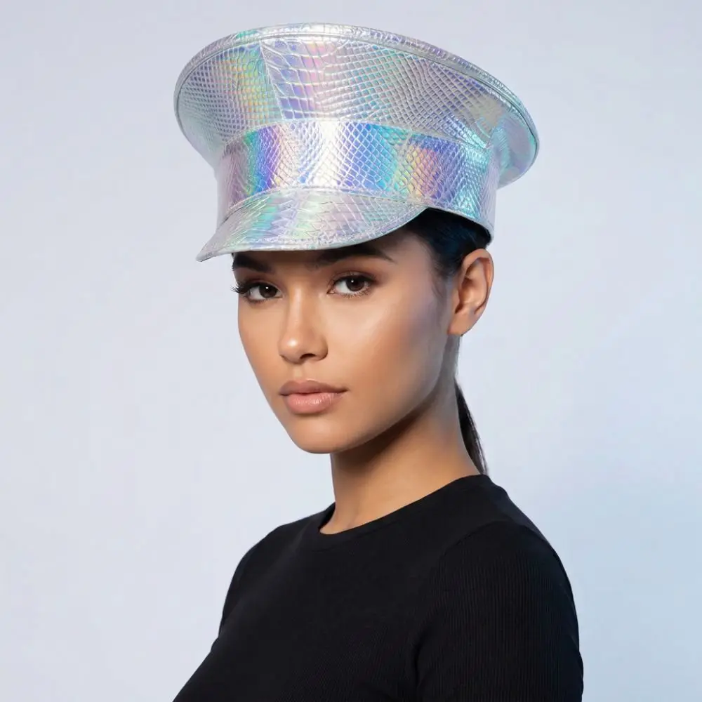 Brim Caps PU Leather Laser Hats UV Protection Waterproof Leather Beret Flat Caps Sunscreen Baseball Cap Prom Performance Bar