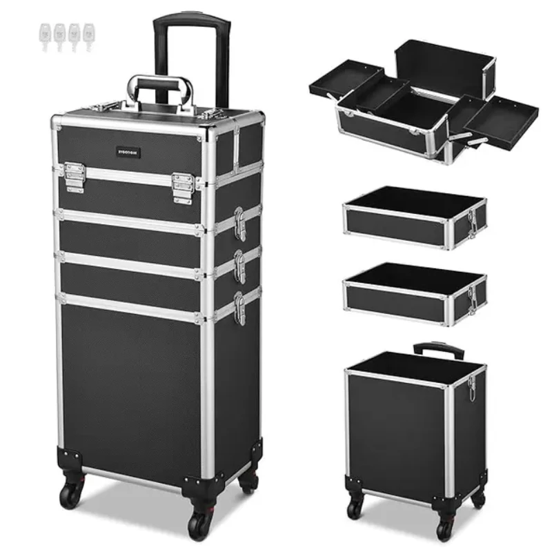 

Rolling Makeup Train Case 4in1 Cosmetic Trolley Organizer Travel Case Lockable Salon Barber Case Traveling Cart Trunk