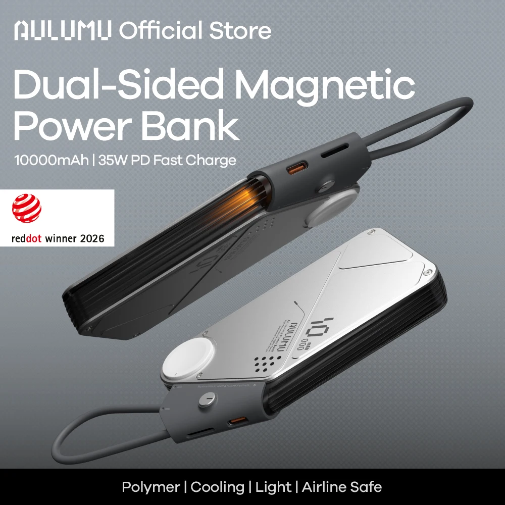 Aulumu M10 Magnetic Power Bank 10,000mAh for iWatch Portable Charger for MagSafe Built-in Retractable Cables Flight-Approved