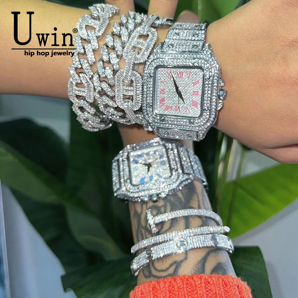 Uwin Square Full Iced Out Watches Men Stainless Steel Fashion Luxury Rhinestones Quartz Square Business Watch