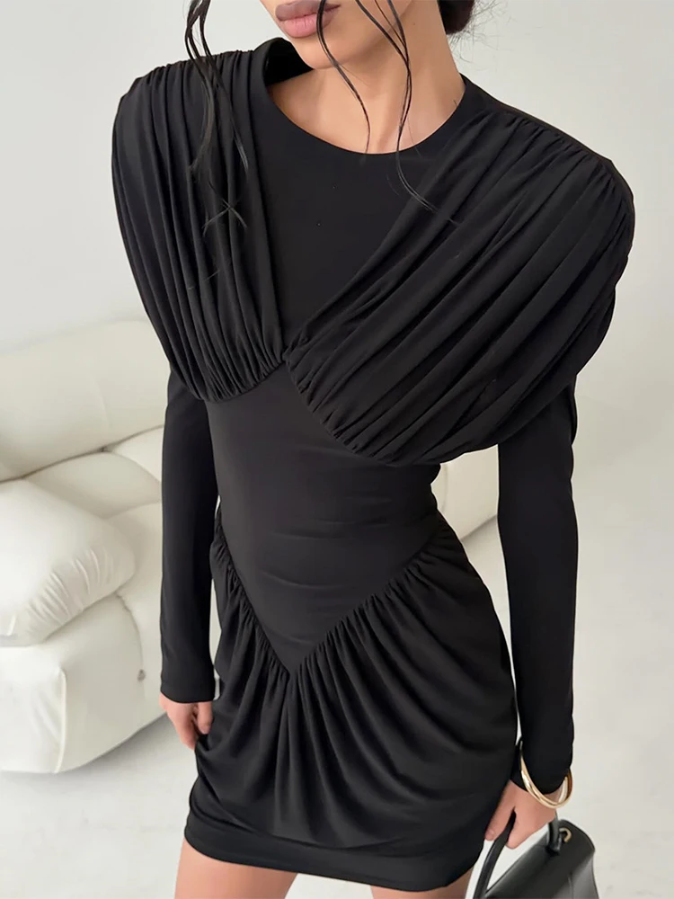 

Trendix Party Elegant Pleated Mini Dress Women 2026 Slim High Waist Long Sleeve Dress Club Sexy Bodycon Evening Short Dresses