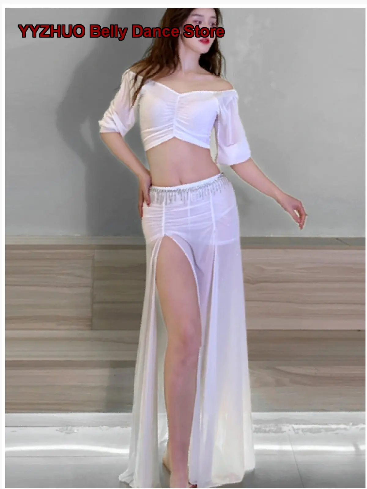 Plus Size Women's Sexy Mesh Split Skirt Lantern Sleeve Top Dance Costume Set for Practice 2026