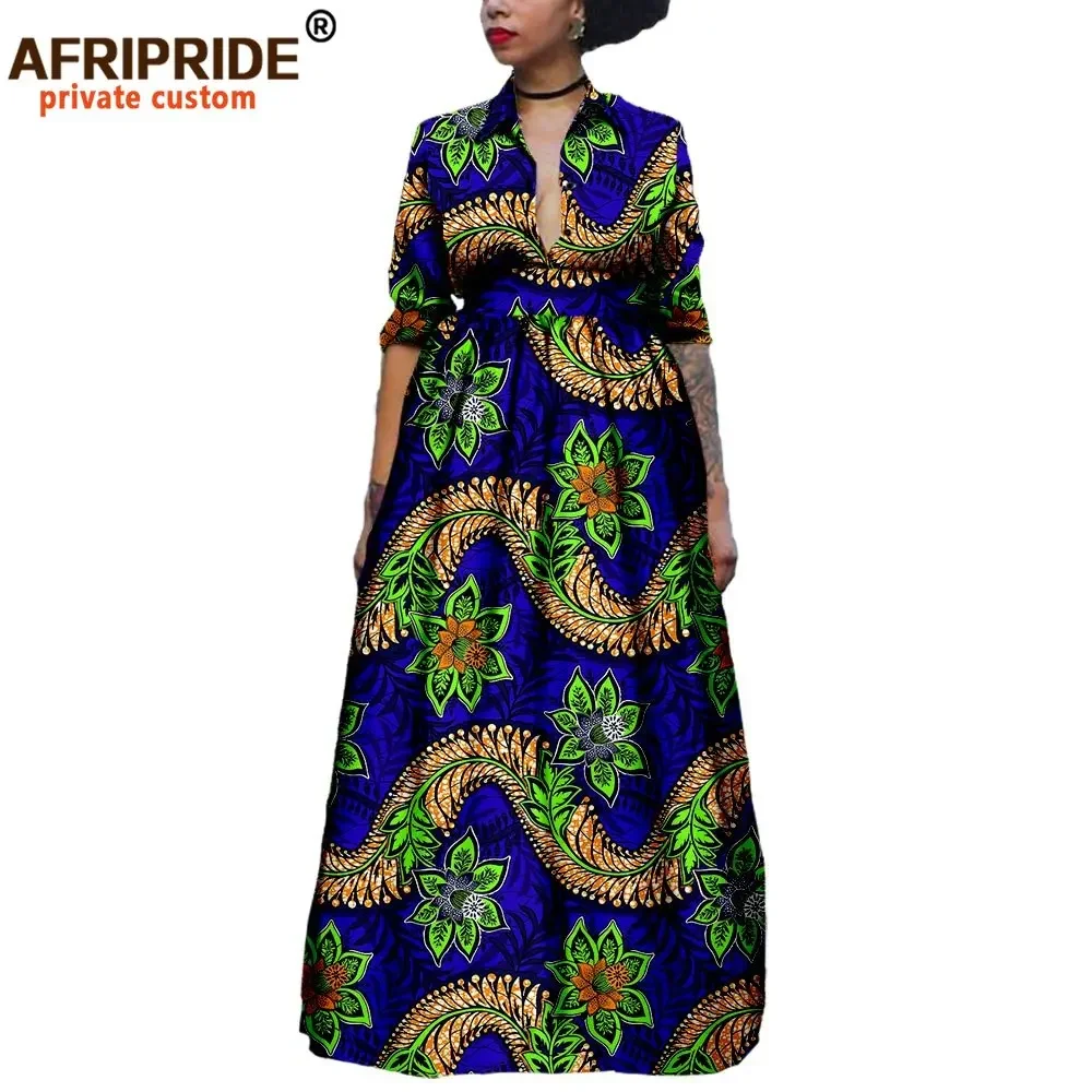 2025 African Long Maxi Dresses for Women Half Sleeve Ankle-length Notched Collar Party Dress Print Ankara AFRIPRIDE A1825075