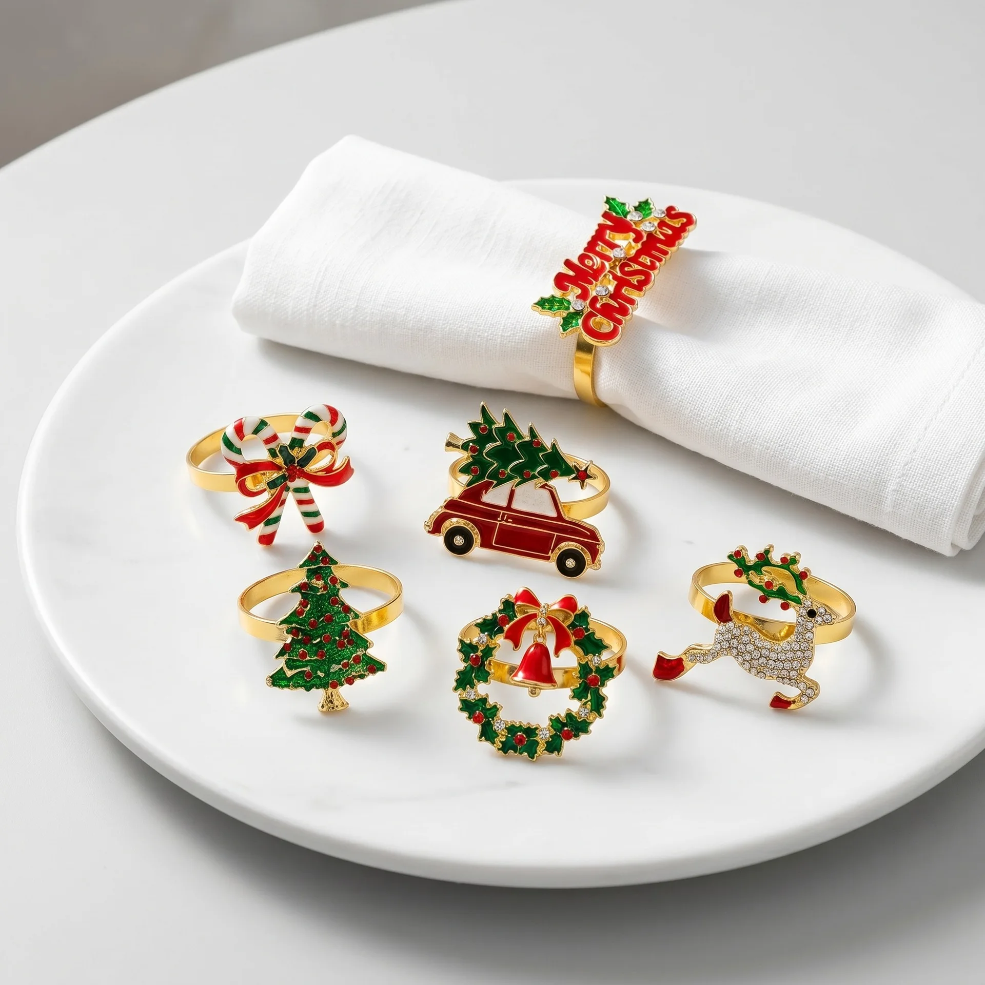 Christmas Diamond Snowflake Napkin Ring, Golden Elk Dinner Napkin Buckle, Table Decor for Xmas New Year Party