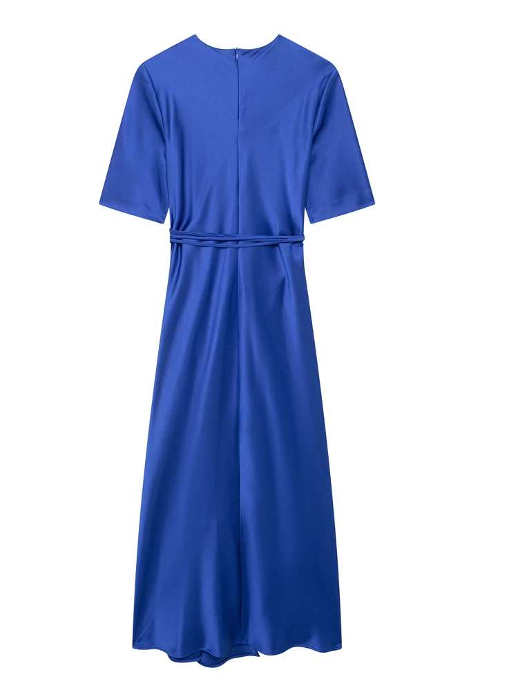 KAOPU ZA Women with tie front slit satin midi dress vintage o-neck short sleeves back zip female dresses vestidos mujer