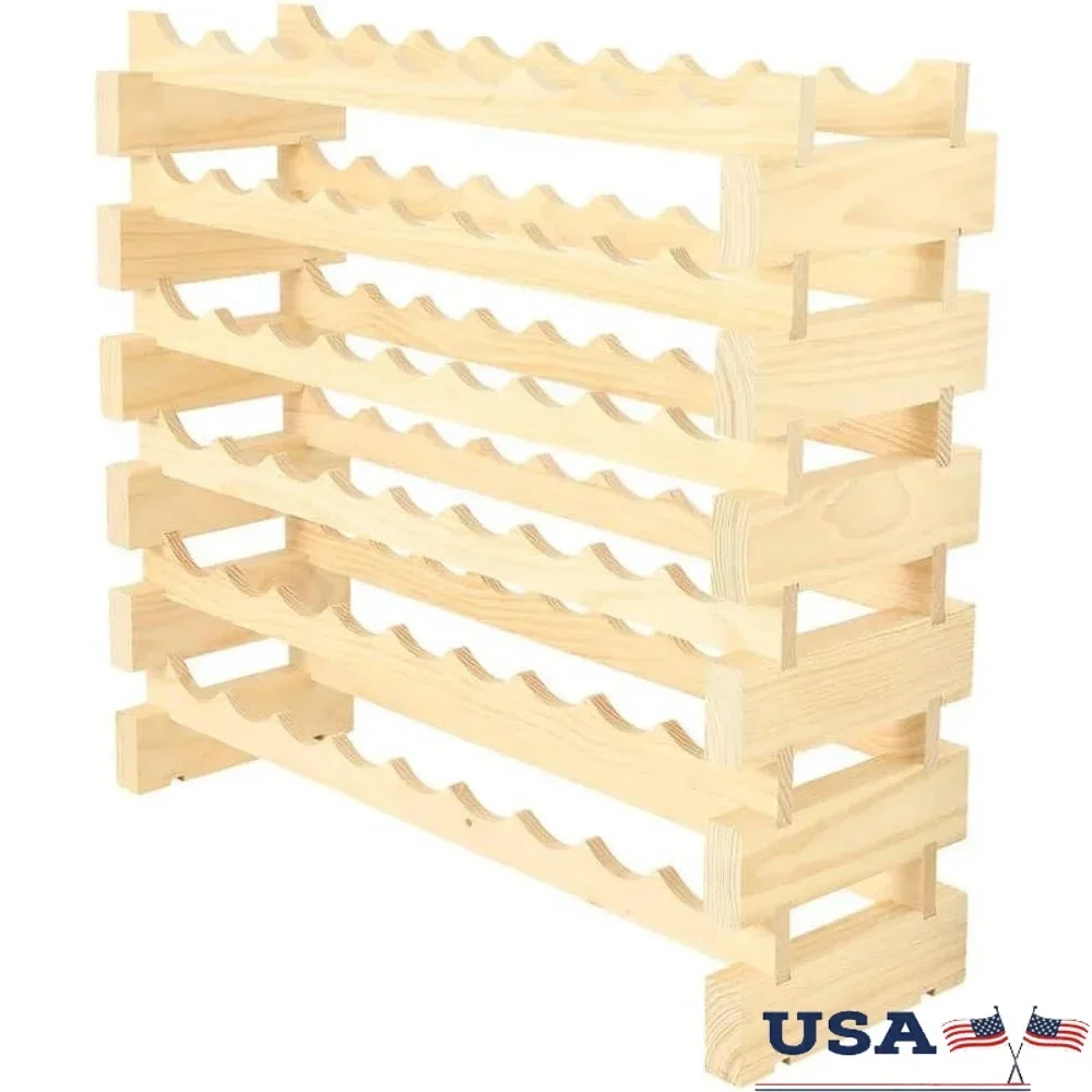 

54 Bottle Wine Rack Tool-Free Installation Natural Pine FSC Certified Maintains Cork Moisture Top Shelves Optional Customizable