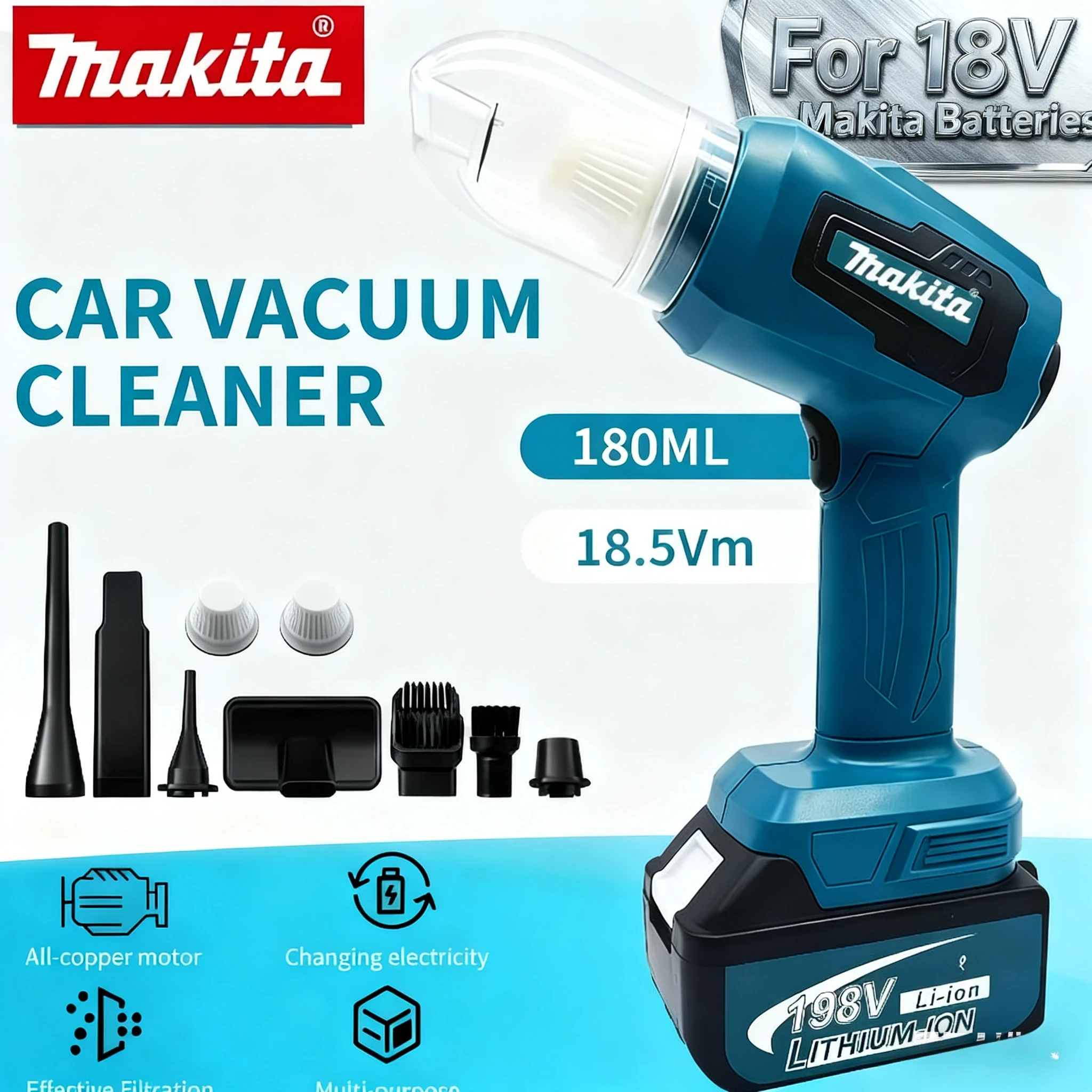 

Беспроводной мини-автомобильный пылесос Makita, многофункциональный ручной перезаряжаемый электроинструмент, пылесборник для батареи 18 В