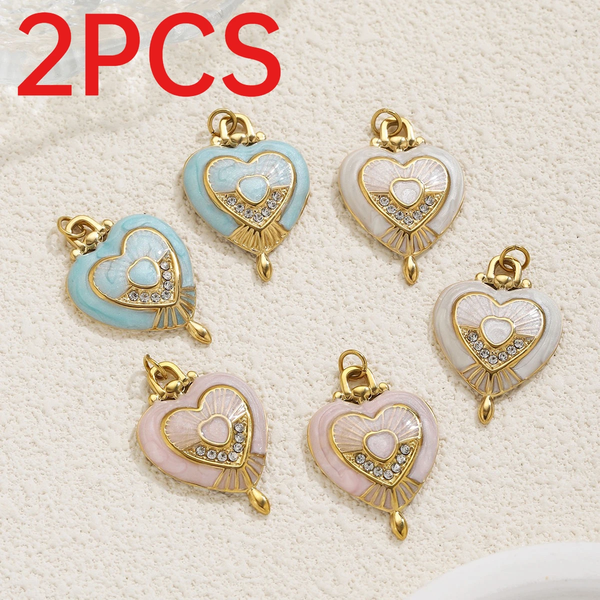 2Pcs Double Layer Heart Enamel Rhinestone Charms Stainless Steel Radiant Pattern Pendants For DIY Necklace Bracelet Jewelry