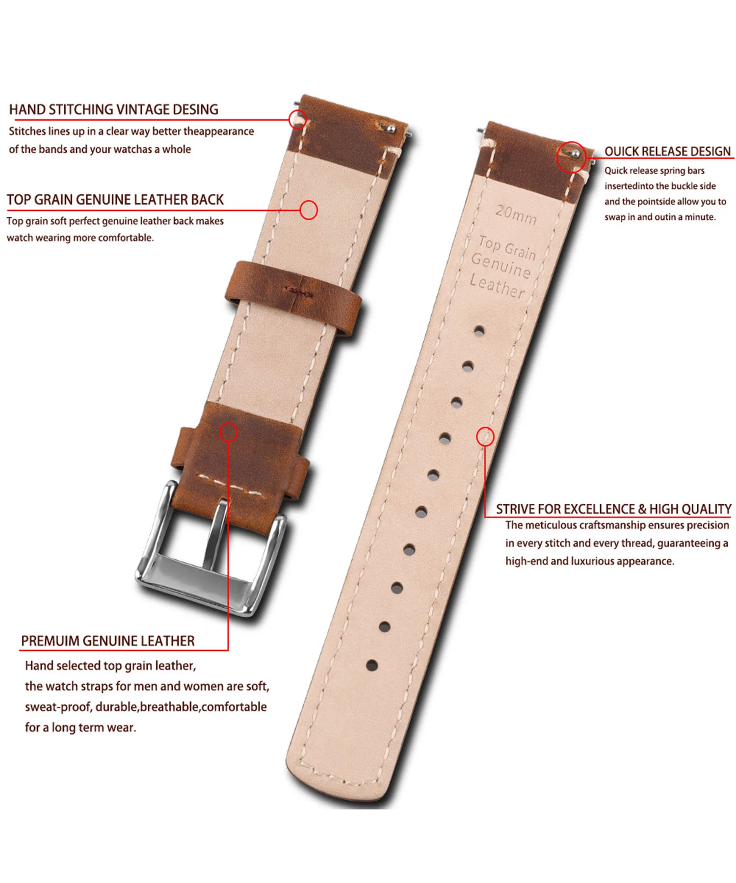 Top Grain Echtleder-Uhrenarmband, Schnellverschluss 20 mm/22 mm Uhrenarmband, passend für Samsung Galaxy Watch, Herren- und Damen-Uhrenarmband – Detail 27