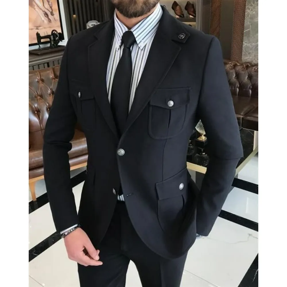Single Breasted Safari Men Suits Business Suits for Men Multi Pocket Blazer Pants Set Formal Casual Men Outfit for Wedding Party view 2