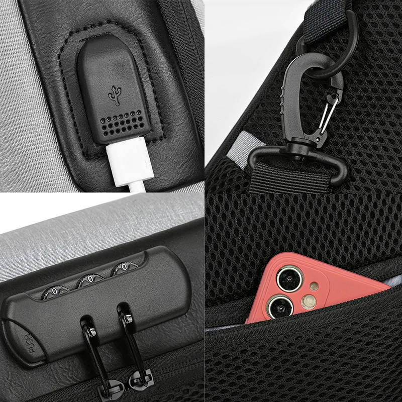 حقيبة صدر عملية للجنسين من النايلون خفيفة الوزن مع قفل مضاد للسرقة ومنفذ USB حقيبة حبال متعددة الجيوب للتنقل والسفر #4