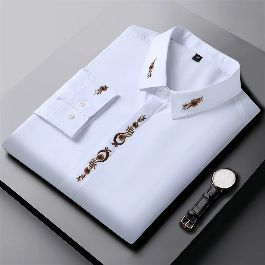 

Men's Long Sleeve Shirt Fashion Embroidery Trendy White High Quality Social Dress Shirt Black Loose Tops Plus Size 7XL 8XL 10XL