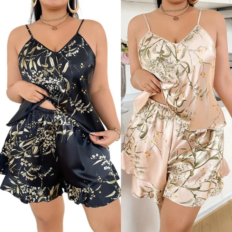 

Plus Size Summer Women Print Pajamas Set Sleepwear Pyjamas 2PCS Camisole&Shorts Sleep Suit Suspender Lingerie Home Clothes d'4o