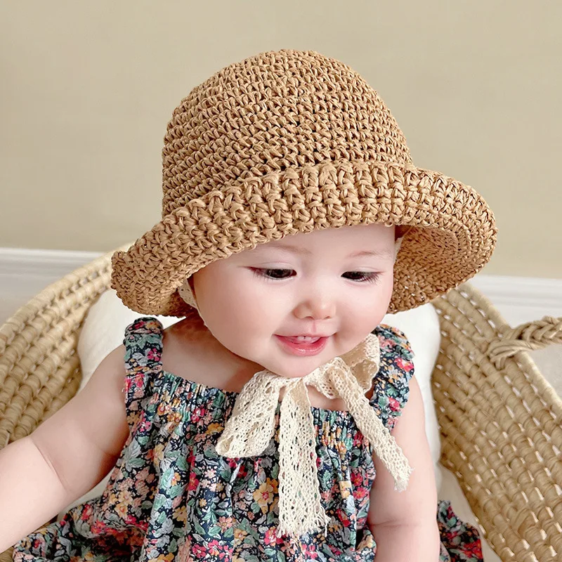 Summer Baby Hat Straw Baby Girl Cap Fashion Lace Bow Beach Children Panama Hat Princess Bonnets for Kids Outdoor Travel Sun Cap