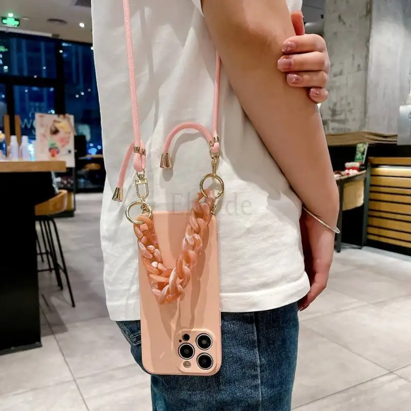 Crossbody Lanyard Case For iPhone 16 15 14 13 Pro Max 12 Mini 11 Pro XS X 7 Plus Liquid Silicone Strap Luxury Marble Chain Cover