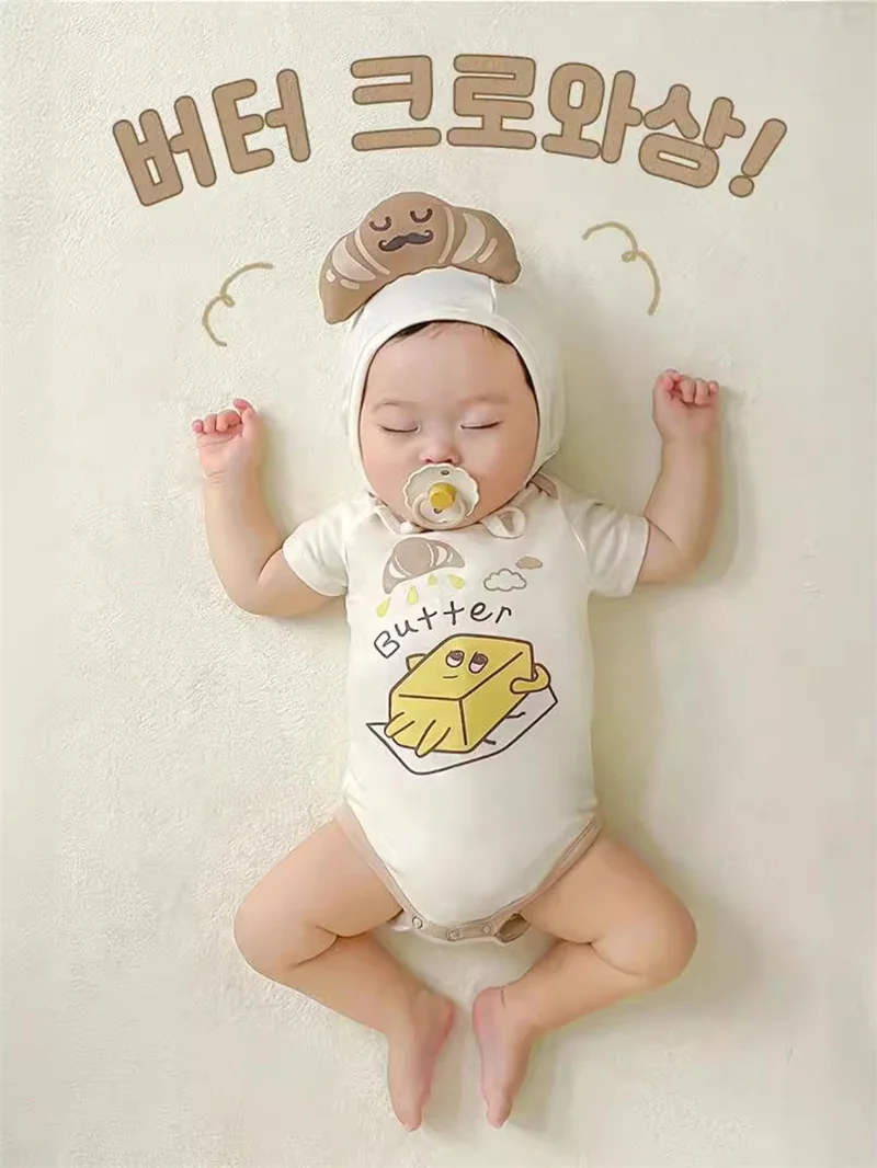 Funny Croissant Korean Baby Onesie Boy Girl Romper Infant Baby Bodysuit Newborn Baby Clothes Cotton Short Sleeved Jumpsuits Suit