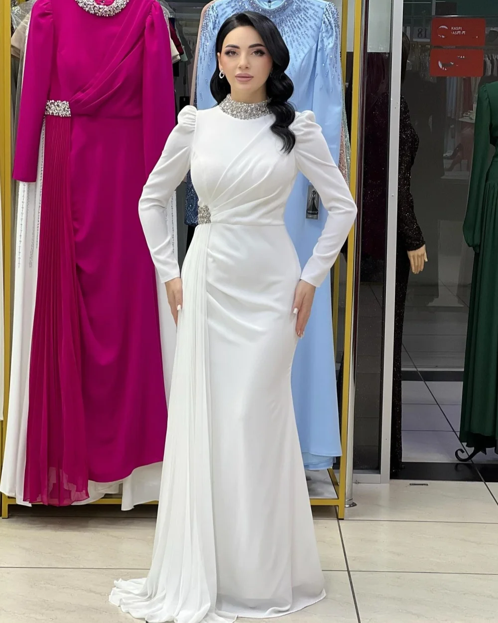 

Customized Elegant Formal Rhinestone Pleat Straight High Collar Long Dresses Bespoke Occasion Dresses Sizes Available Matching