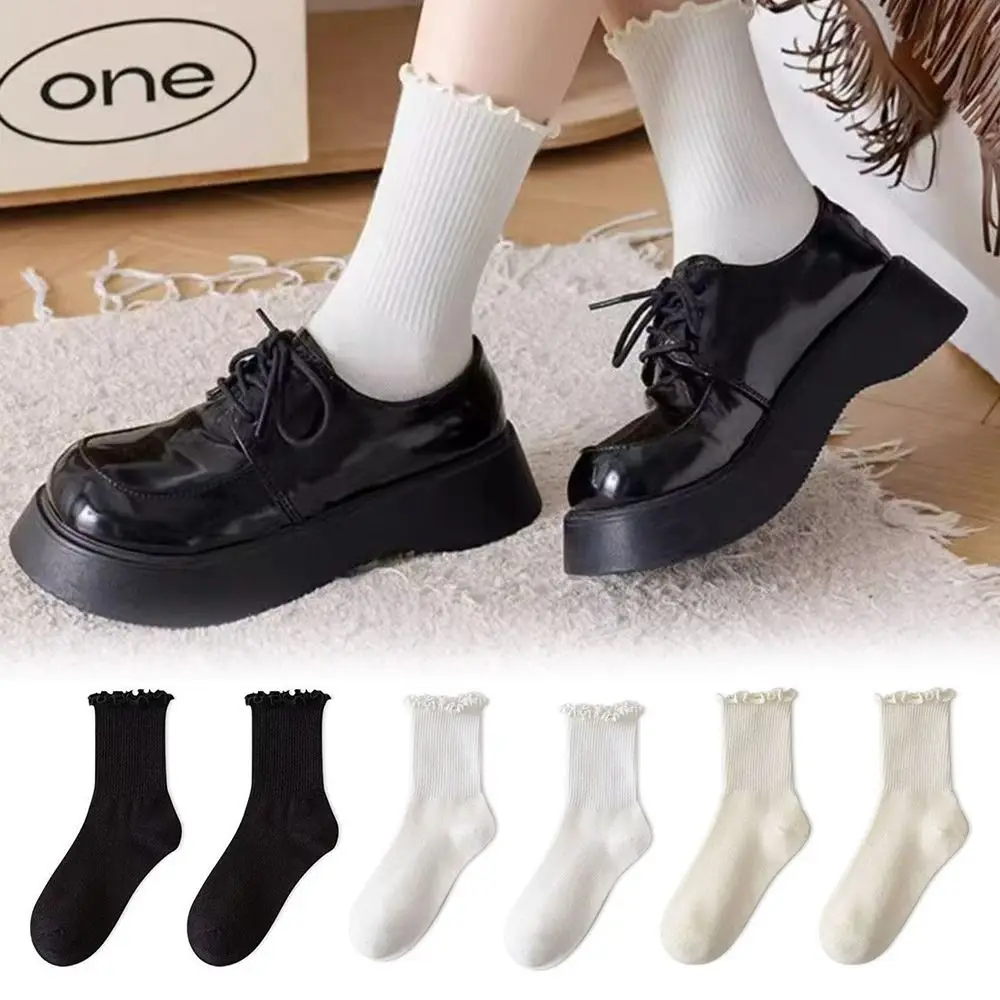 Kawaii Solid Color Women Ruffle Socks Comfortable Cotton Stack Socks Breathable JK Sock