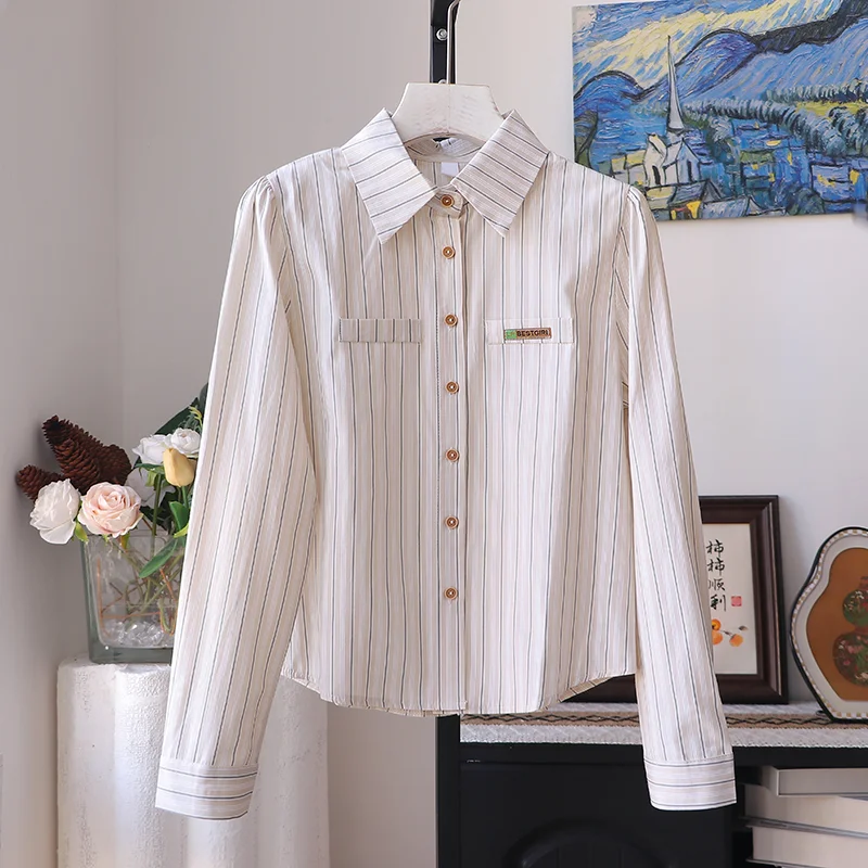 

Temperament Striped Shirt Spring Autumn New Turndown Collar Long Sleeved Top Women's Slim Fit Single Breasted Short Blouse