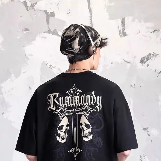 

2026 Summer New Back Cross Skull Print Short-sleeved T-shirt Men's and Women's Loose American Loose Casual Top Street Wear Ins