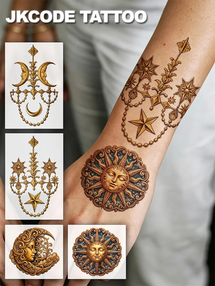 4 Realistic 3D Sun and Moon Star Temporary Tattoos, Stylish and Fashionable Hand Tattoo Stickers, Rococo Style Tattoos, Waterproof Tattoos for Women, Simple Colorful Printed Tattoo Stickers, Party Tattoo Stickers, Washable Stickers That Last for 3-5 Days